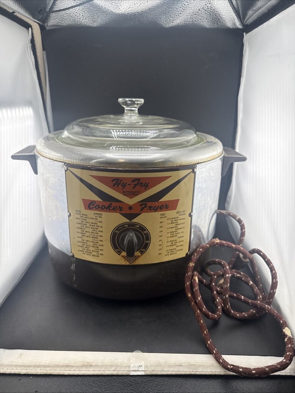 Vtg 1950s Hy-Fry Electric Cooker Deep Fryer Model M-200 TESTED WORKS WITH BOX